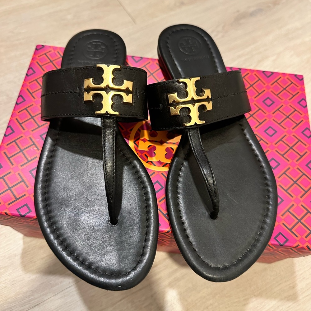 Tory Burch Black Leather Sandals with Gold Logo
